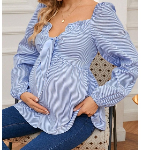 Maternity Stripes Ruffle Detail Long Sleeve Peplum Blouse - Picture 1 of 7
